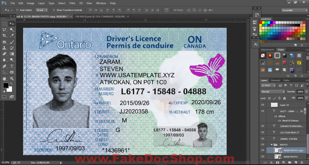 Canada Ontario Driving License Template In PSD Format - Fakedocshop