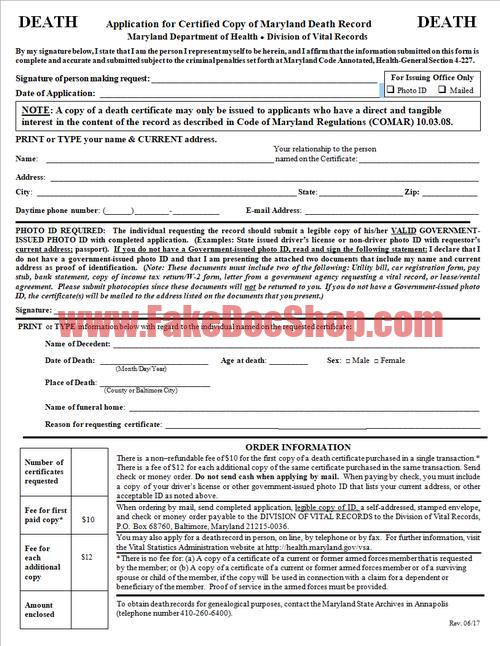 Maryland Fake Death Certificate Templates In Word Format Fakedocshop