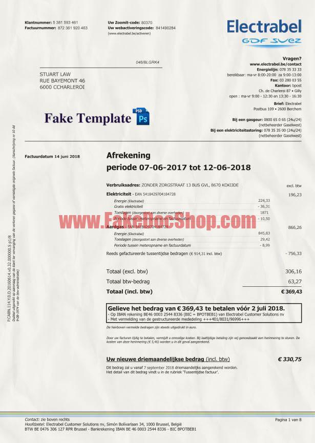 Belgium Electrabel electricity utility bill template in Word and PDF forma