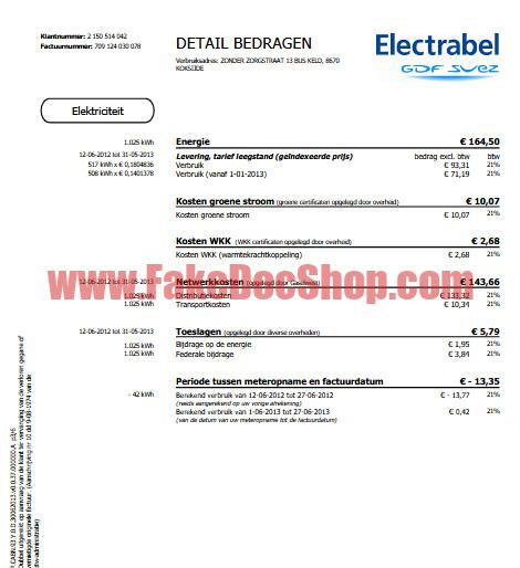 Belgium Electrabel electricity utility bill template in PDF format