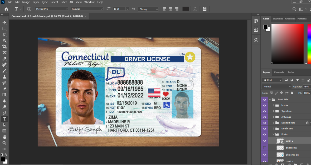 Connecticut driver license psd template