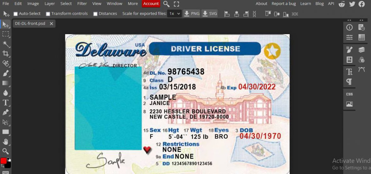 Delaware driving license template psd