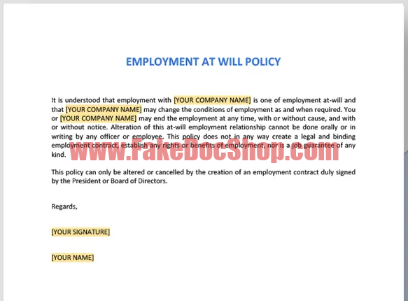 Employment At Will Policy Template