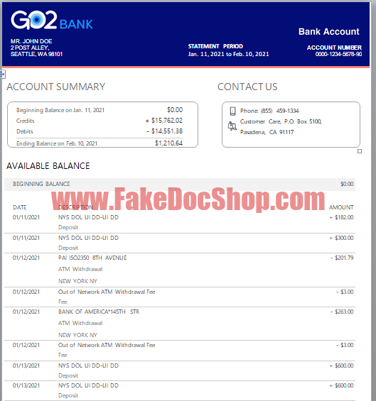 GO2bank Bank Statement Template