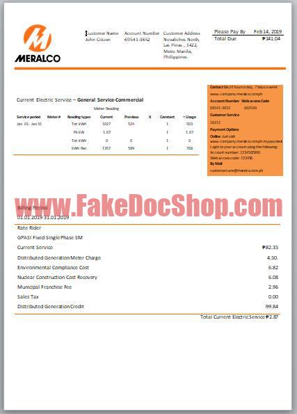 Philippines Manila Electric Company Meralco electricity utility bill template in Word format