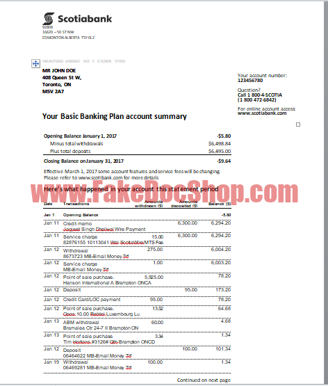 Canada Scotiabank Business Statement Template