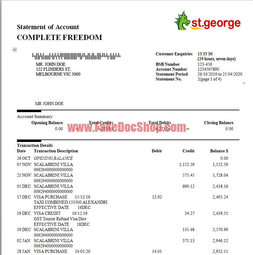 St George Bank Statement Template