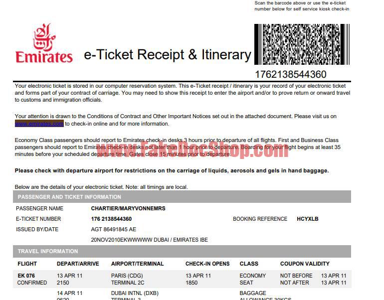 Emirates E-Ticket Receipt & Itinerary template