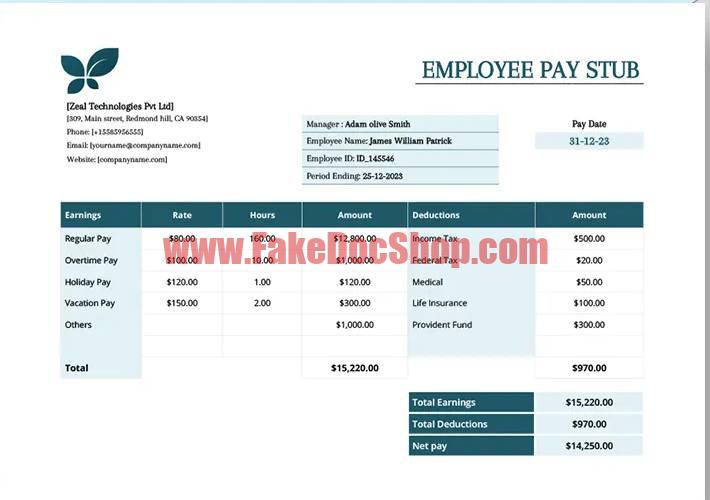 Employee Pay Stub Template in word format