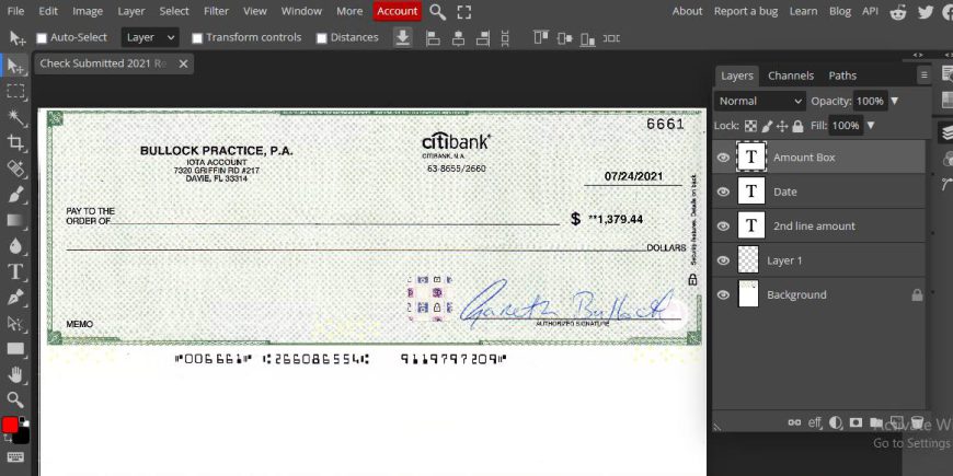 Fake Citibank Cheque template in psd format
