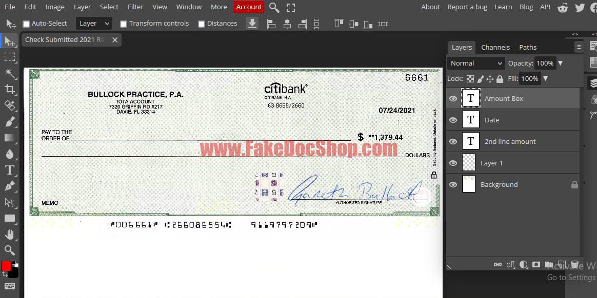 Fake Citibank Cheque template in psd format