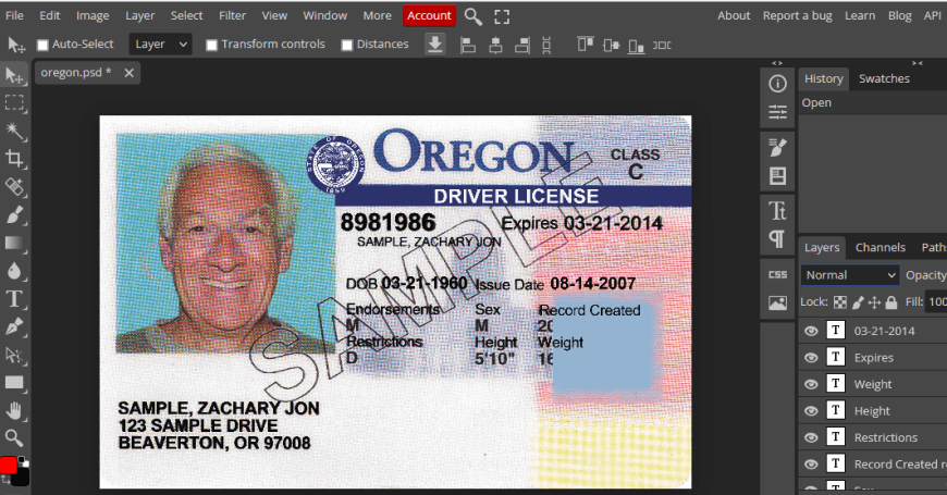 Oregon driver license template old version