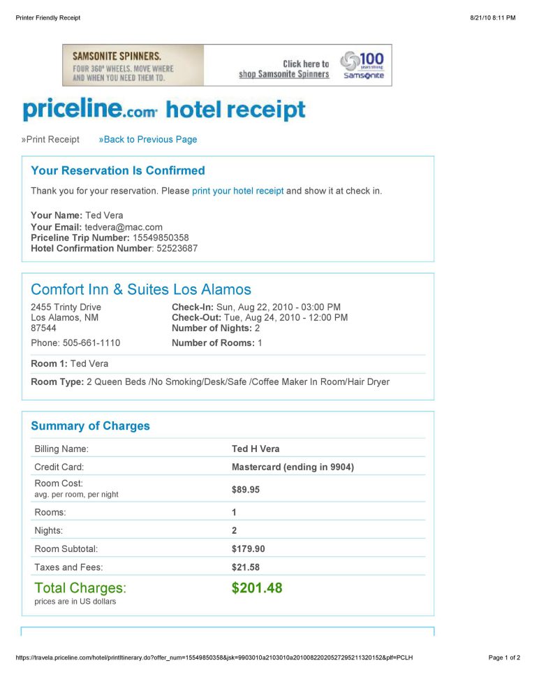 Priceline Fake Hotel receipt template