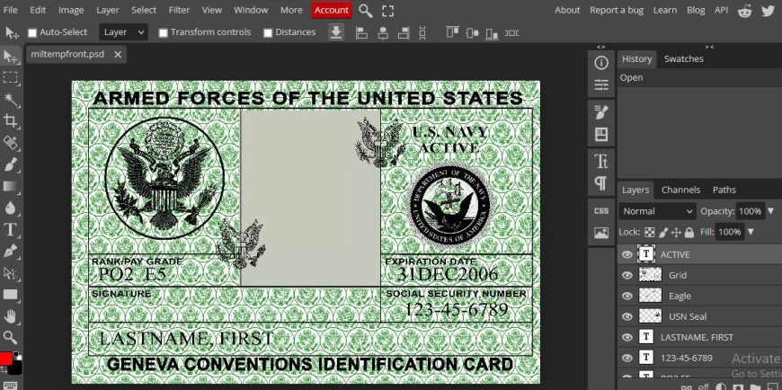 US Military ID Template in PSD Format