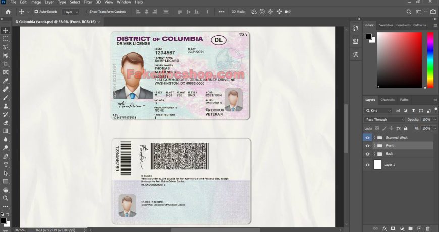 USA District of Columbia driving license template in PSD format with the fonts