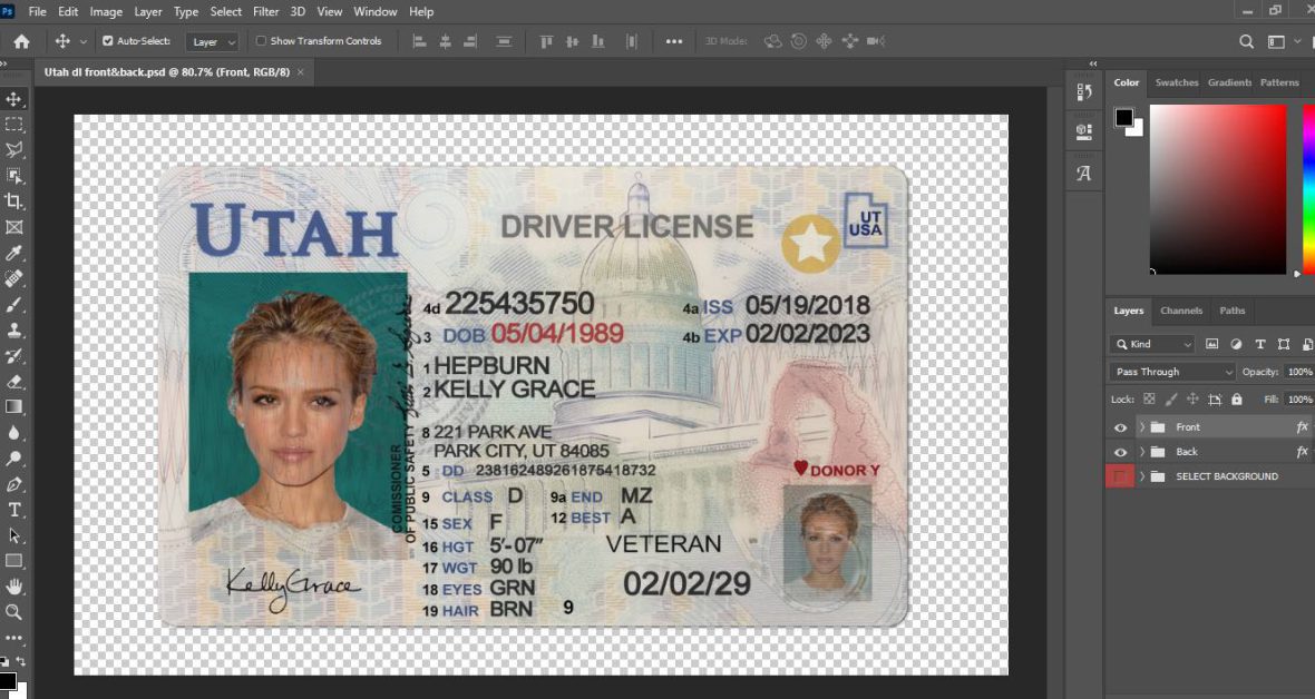 Utah Driver license psd template Front
