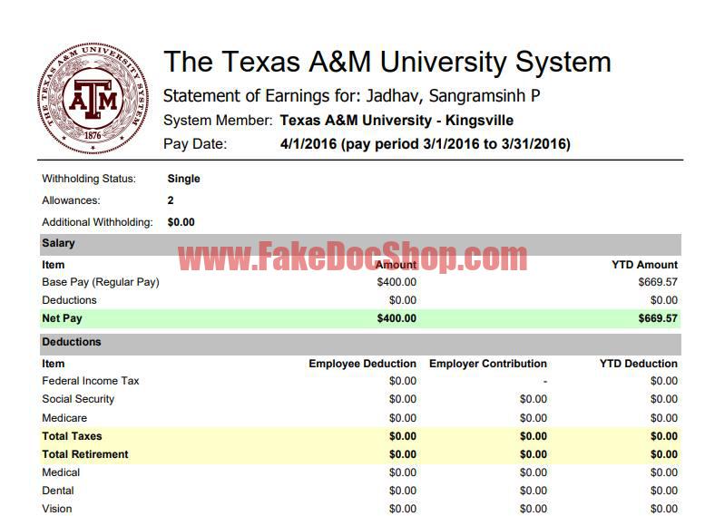 the texas A&M University System PayStub Template
