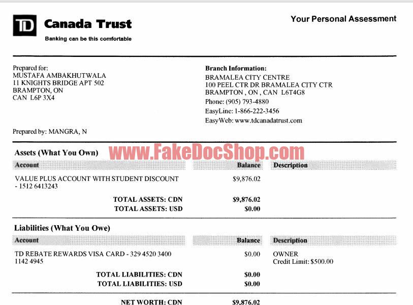 Canada RBC Bank Statement Editable Template in word format - fakedocshop