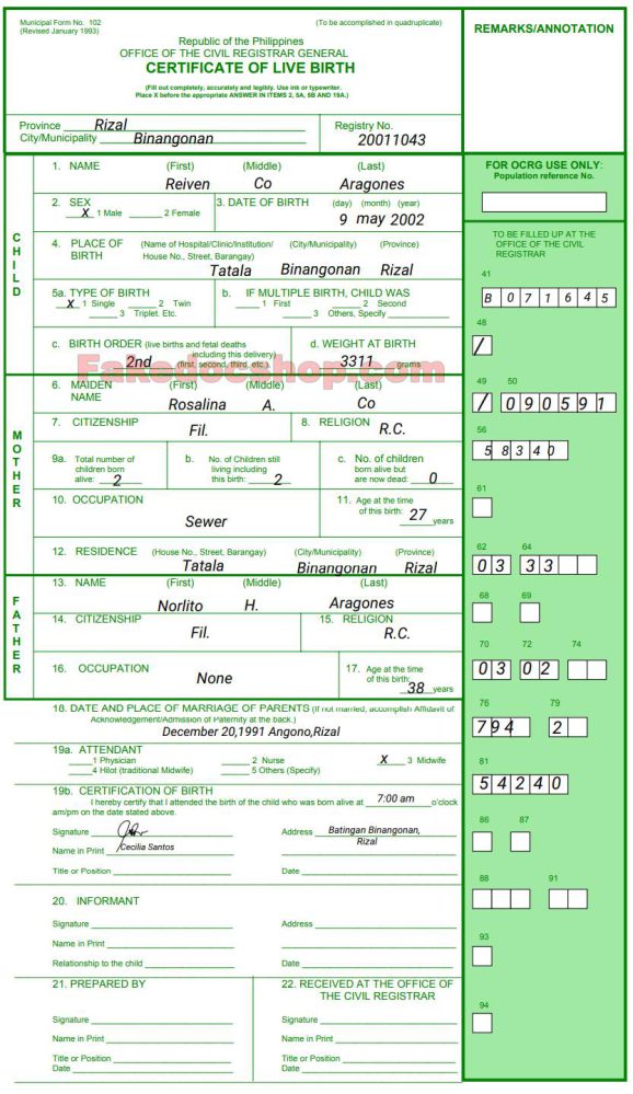 Philippines birth certificate template
