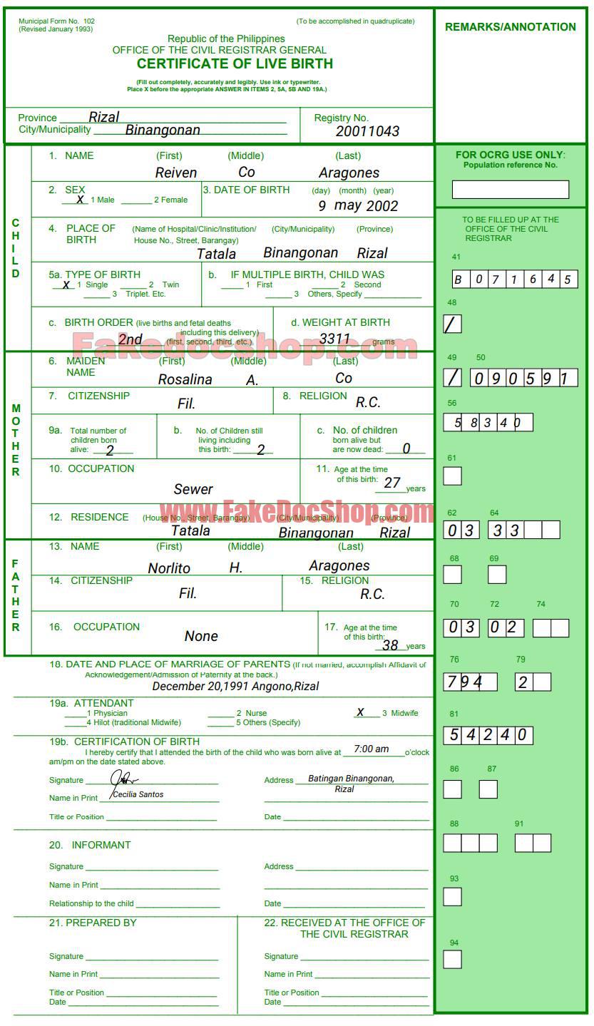 Philippines birth certificate template
