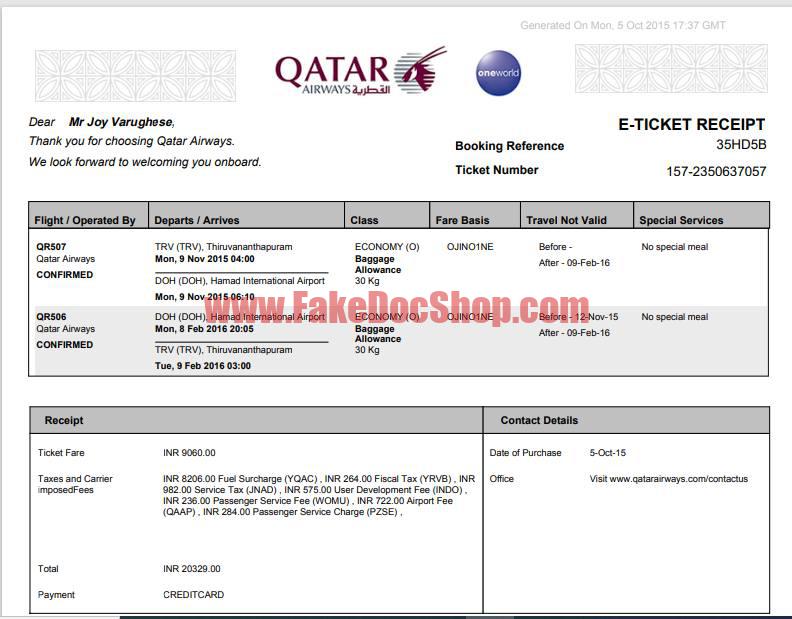 QATAR Airways E-ticket Template