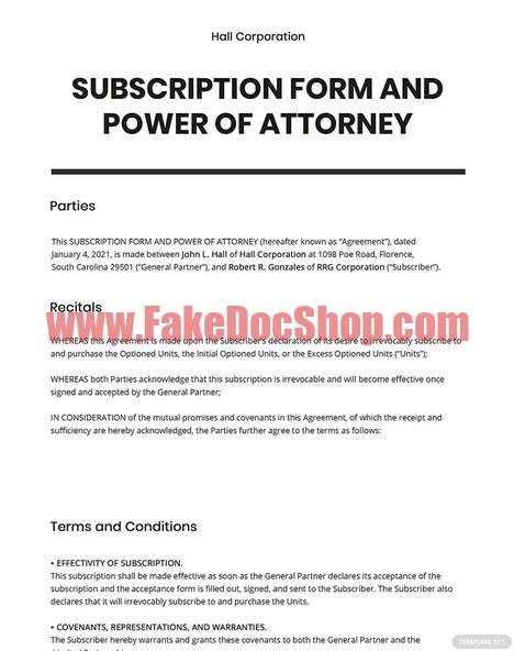 Subscription Form and Power of Attorney Template