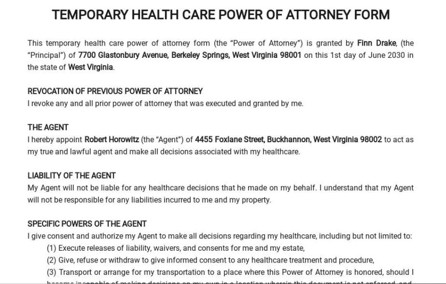 Temporary Health Care Power of Attorney Form Template