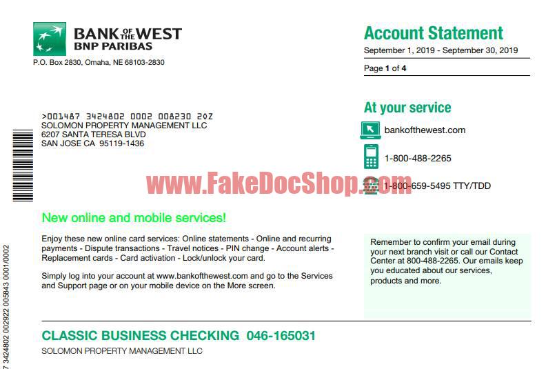 USA Bank of the West bank statement Template