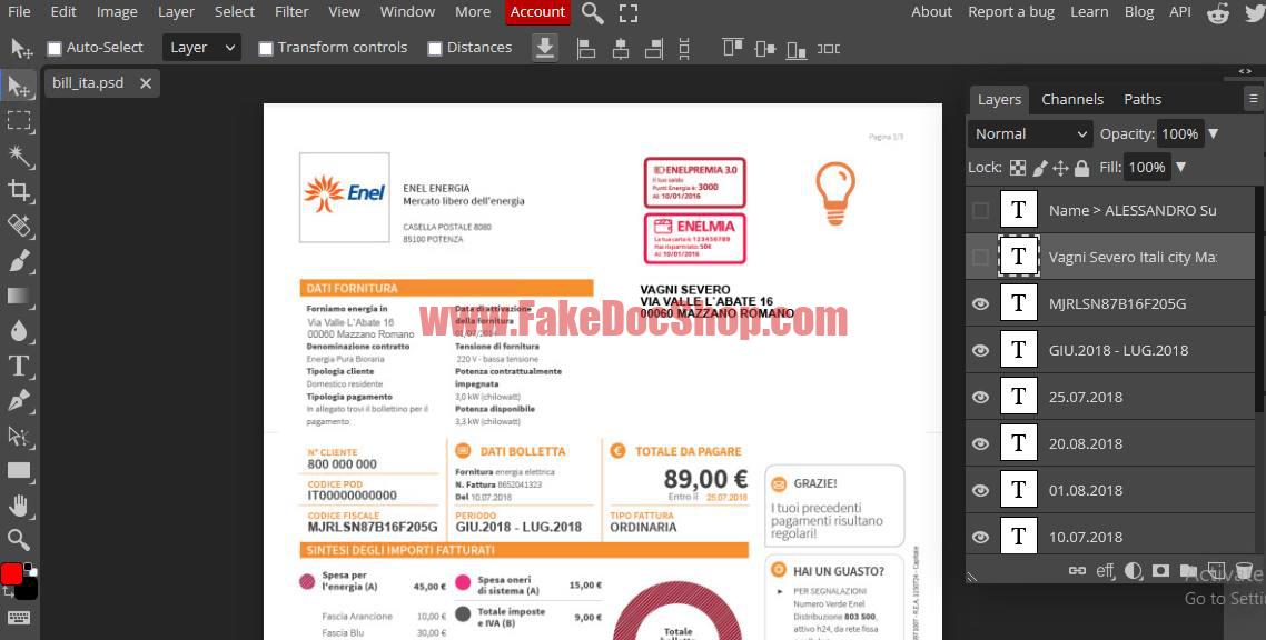 Italy Enel electricity utility bill template in PSD format