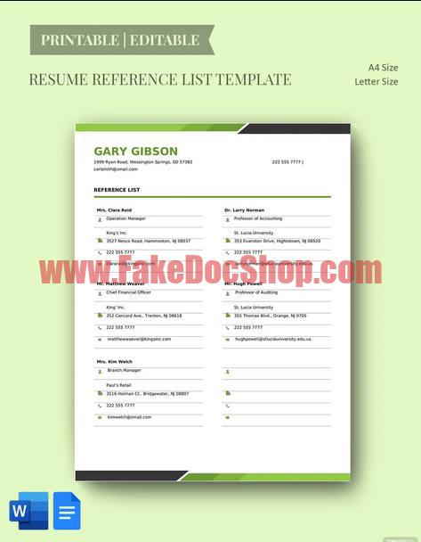 Resume Reference List Template
