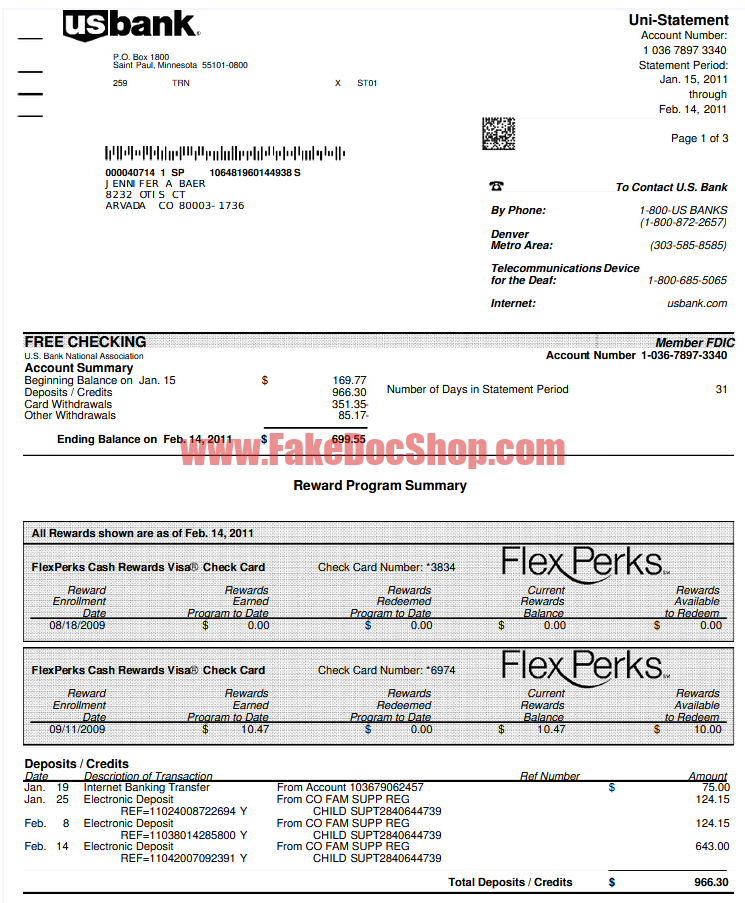 US BANK PAystub Template