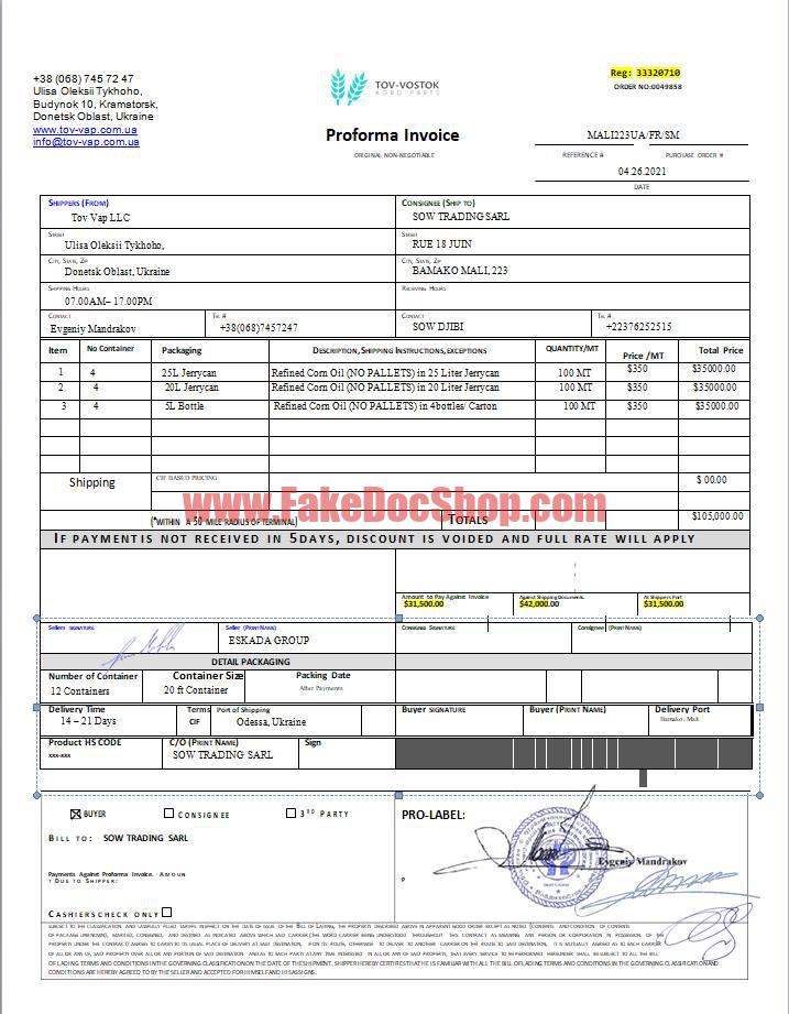 Ukraine Fake Invoice Template in MS word Format