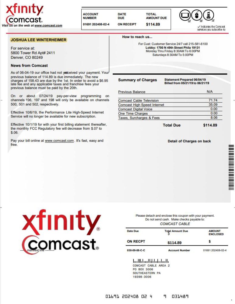 Xfinity Comcast Utility Bill Template Fakedocshop