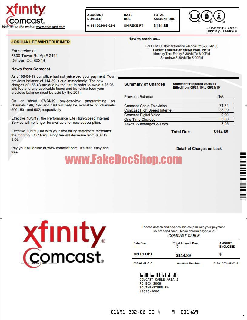 xfinity comcast Utility bill template