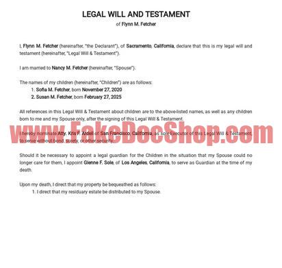 Legal Will and Testament Form Template