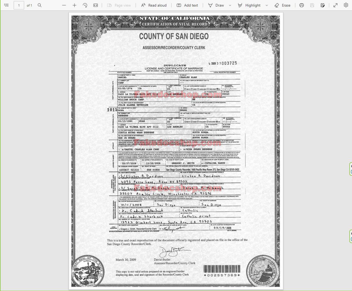 San diego marriage certificate Template