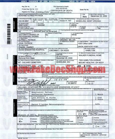 USA Ohio death certificates Template