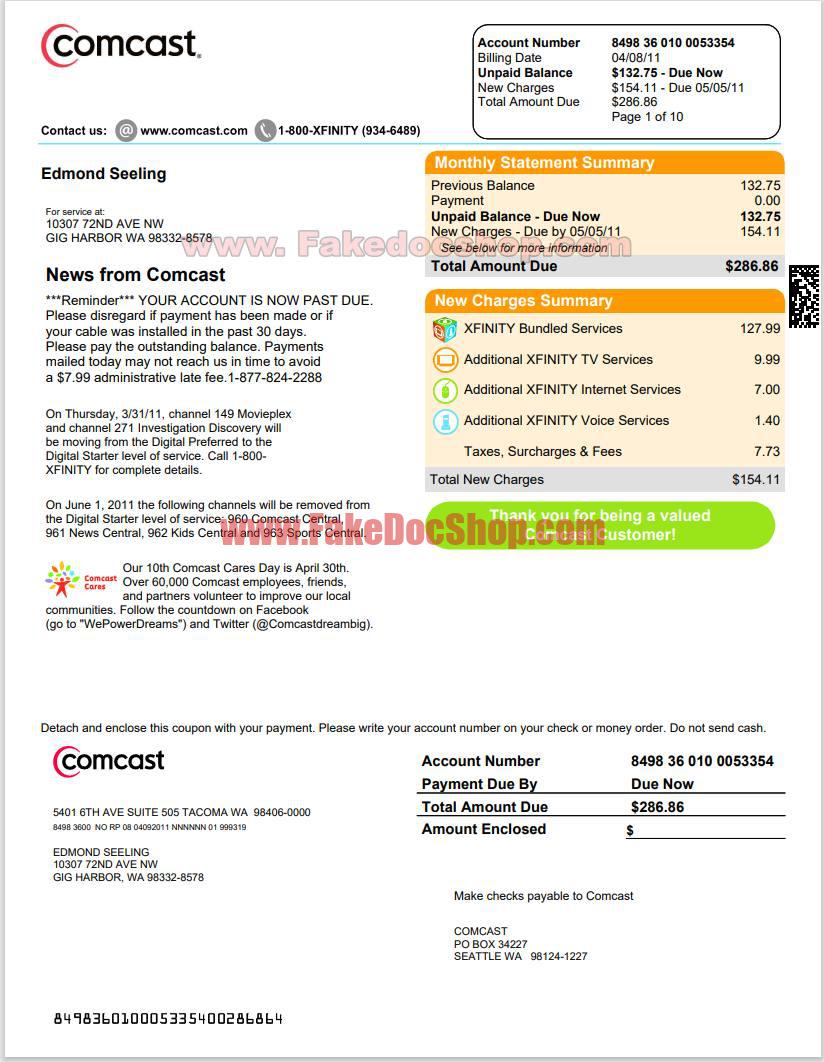 comcast Utility bill template psd