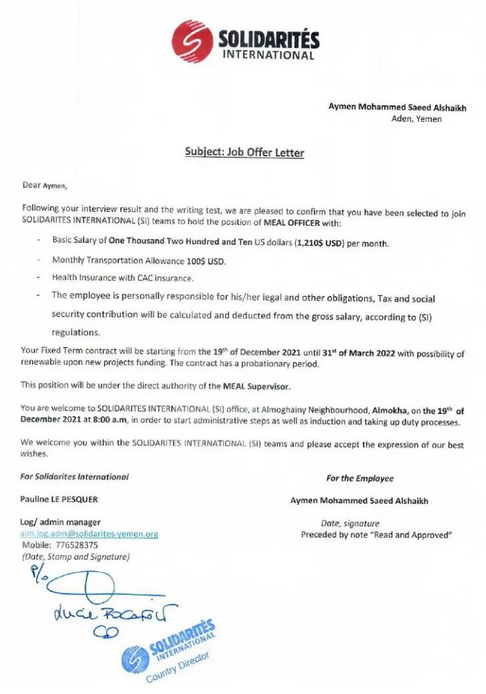 Yemen MEAL Officer Job offer letter