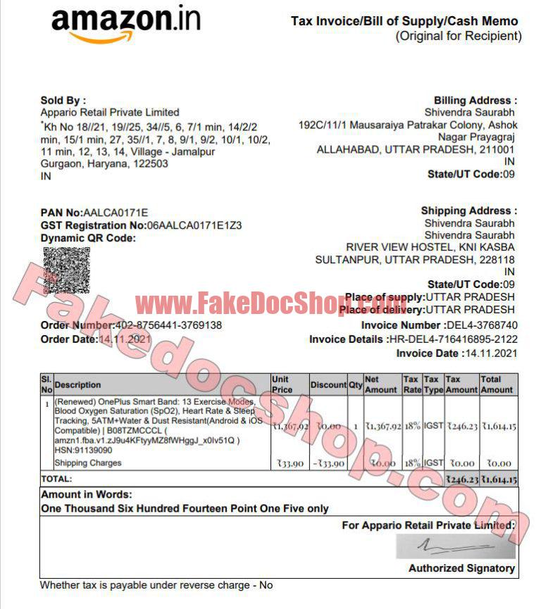 Amazon India Invoice Template Fakedocshop