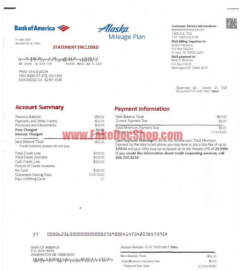 Bank of America Credit Card Statement template