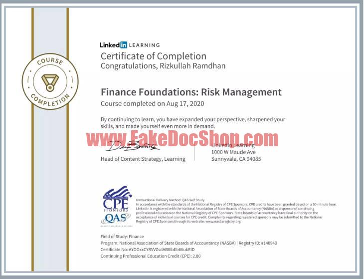 Certificate of completion finance foundations- risk management