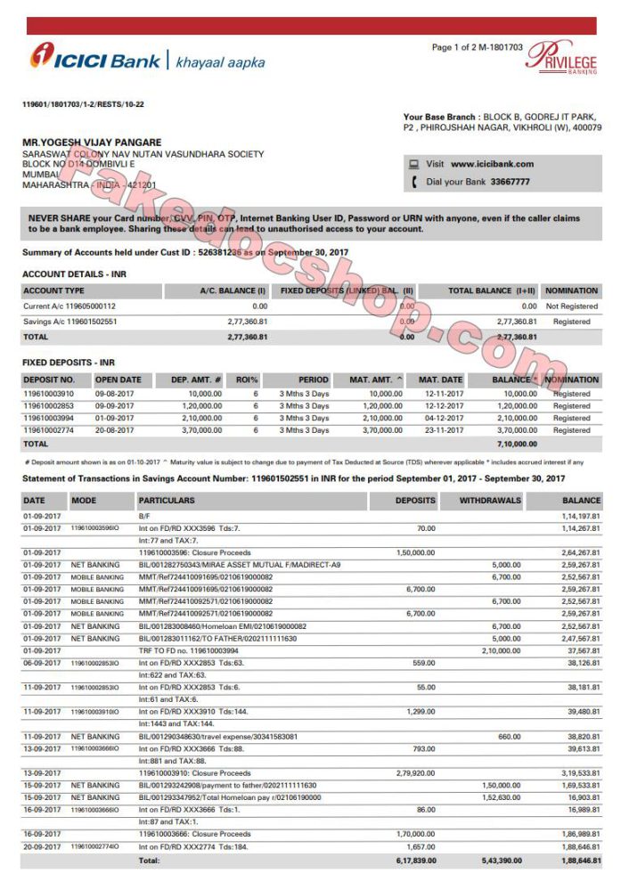 India ICICI Bank statement template in Word and PDF format