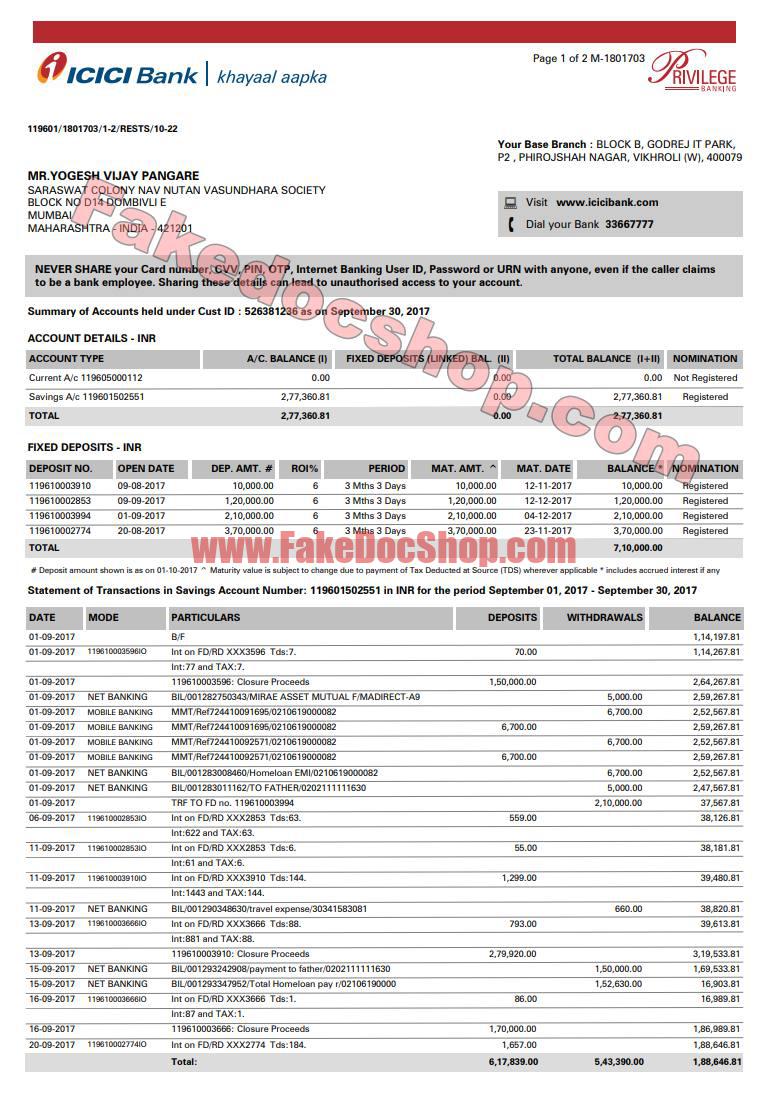 India ICICI Bank statement template in Word and PDF format
