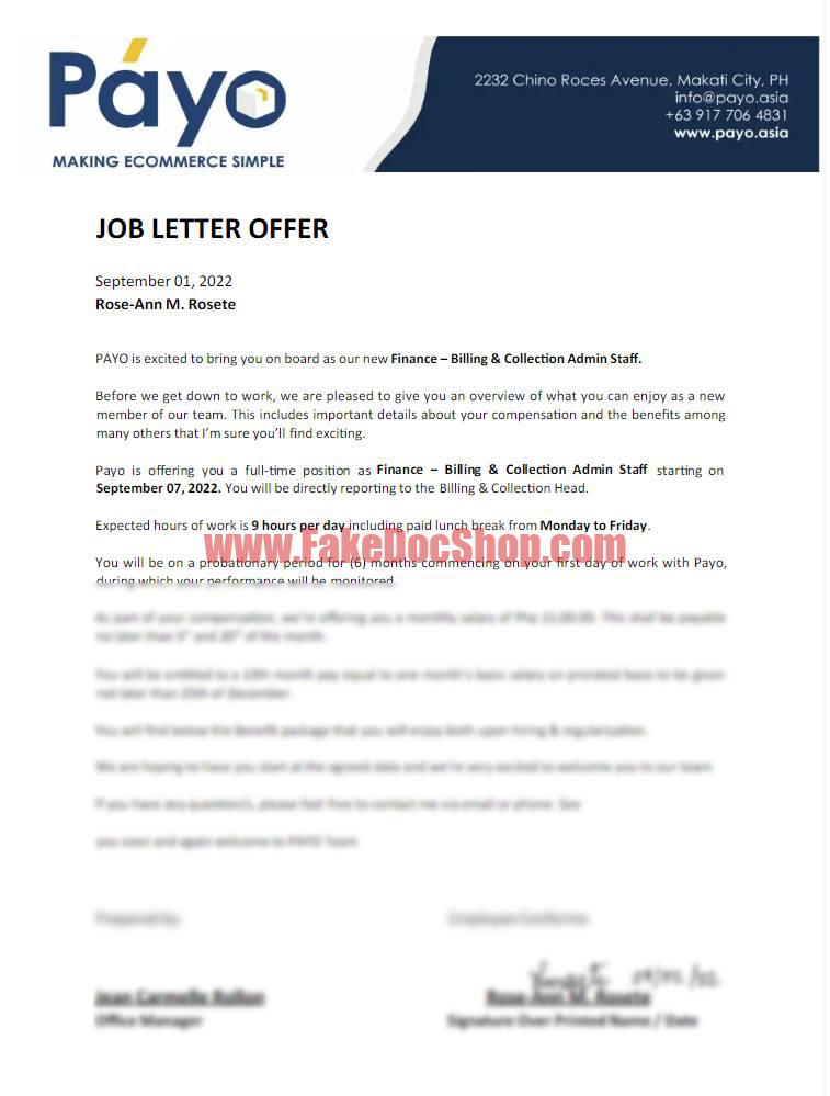 Payo Job offer Letter Template