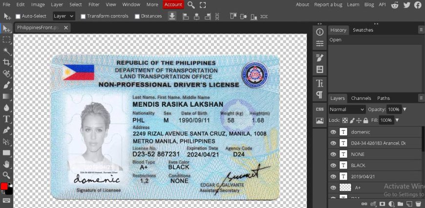 Phipplines Driver license PSD Template