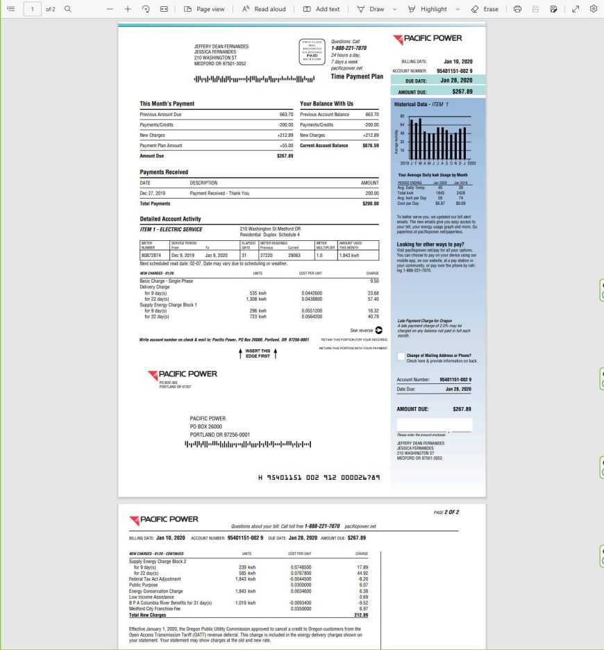 USA Pacific Power utility bill, Word and PDF template