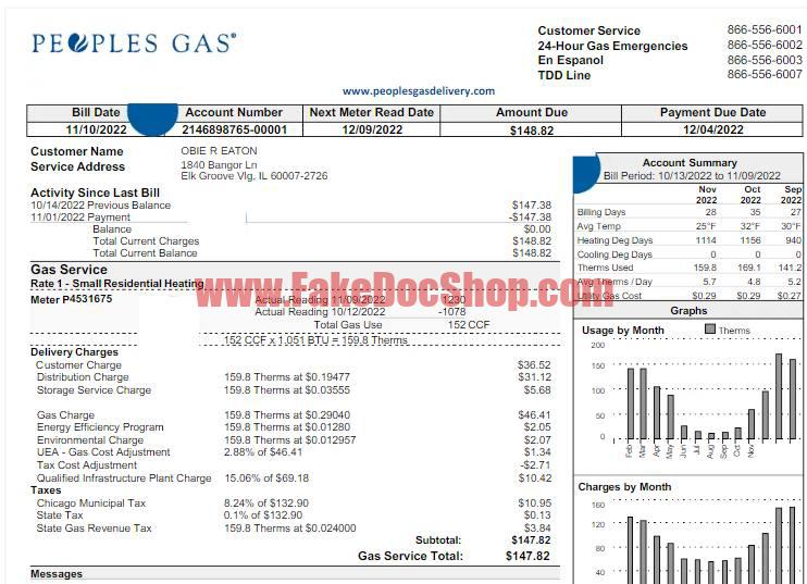 Illinois Peoples Gas Utility Bill Template
