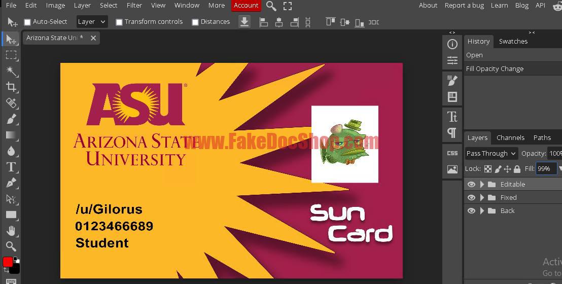 Arizona State University (ASU) Student ID PSD template