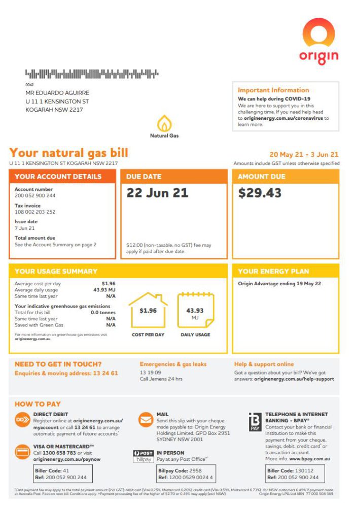 Australia Origin Natural Gas Invoice